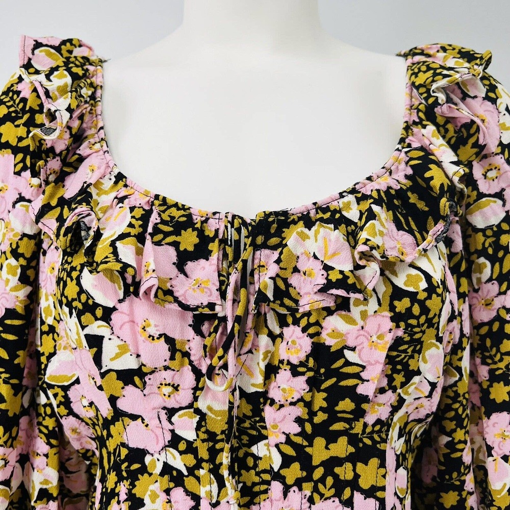 Free People Sweet Memories Black Multi Floral Print Ruffled Puff Sleeve Top - Picture 4 of 12